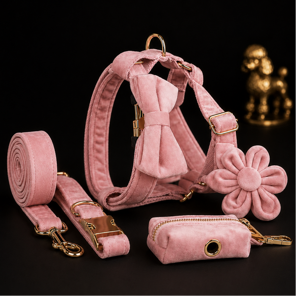 A pink velvet pet accessory set with gold-tone hardware, including a collar with a bow, a leash, a flower-shaped tag, a small zip pouch, and a rolled strap, displayed on a black background.